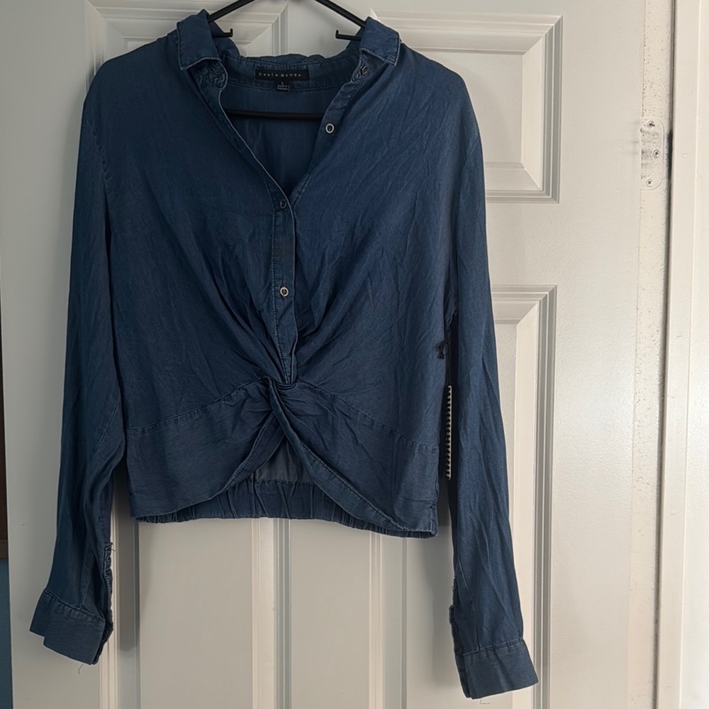 Haute Monde Black Long Sleeve Tie Front Button Down Shirt
